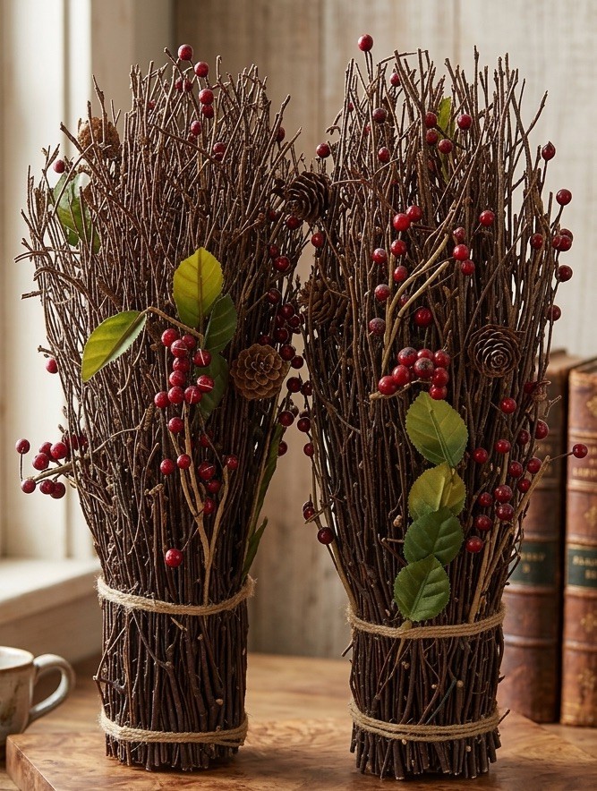 Birch Twigs Red Berries Bundles Free Standing Winter Rustic Primitive Home Decor