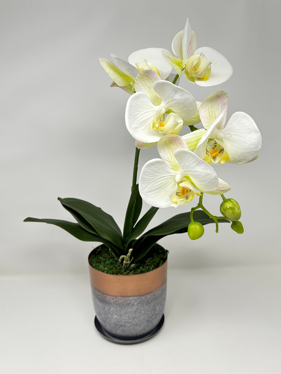 17″ Lg WHITE Phalaenopsis ORCHID silk flower plant, 5″ Copper Metal Planter