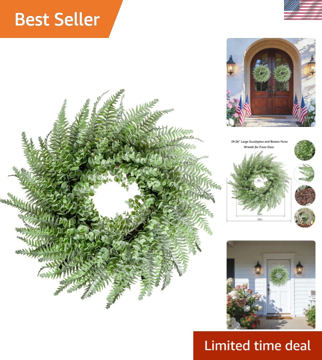 26” Eucalyptus and Boston Ferns Wreath for Front Door – Artificial Eucalyptu…