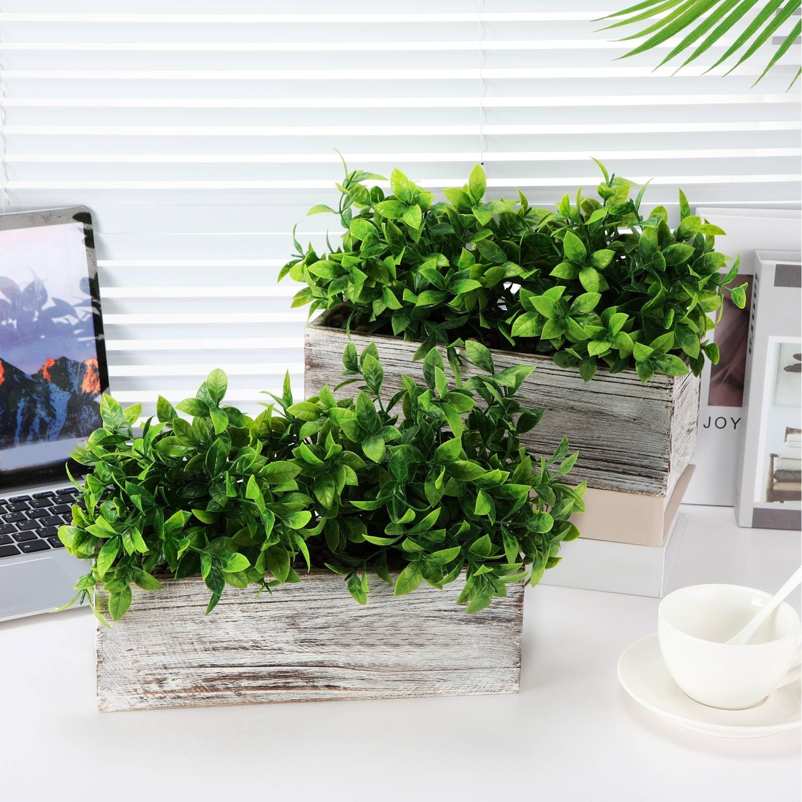 Lyrow 2 Pack Artificial Eucalyptus Plants in Rectangular Rustic Wooden Plante…