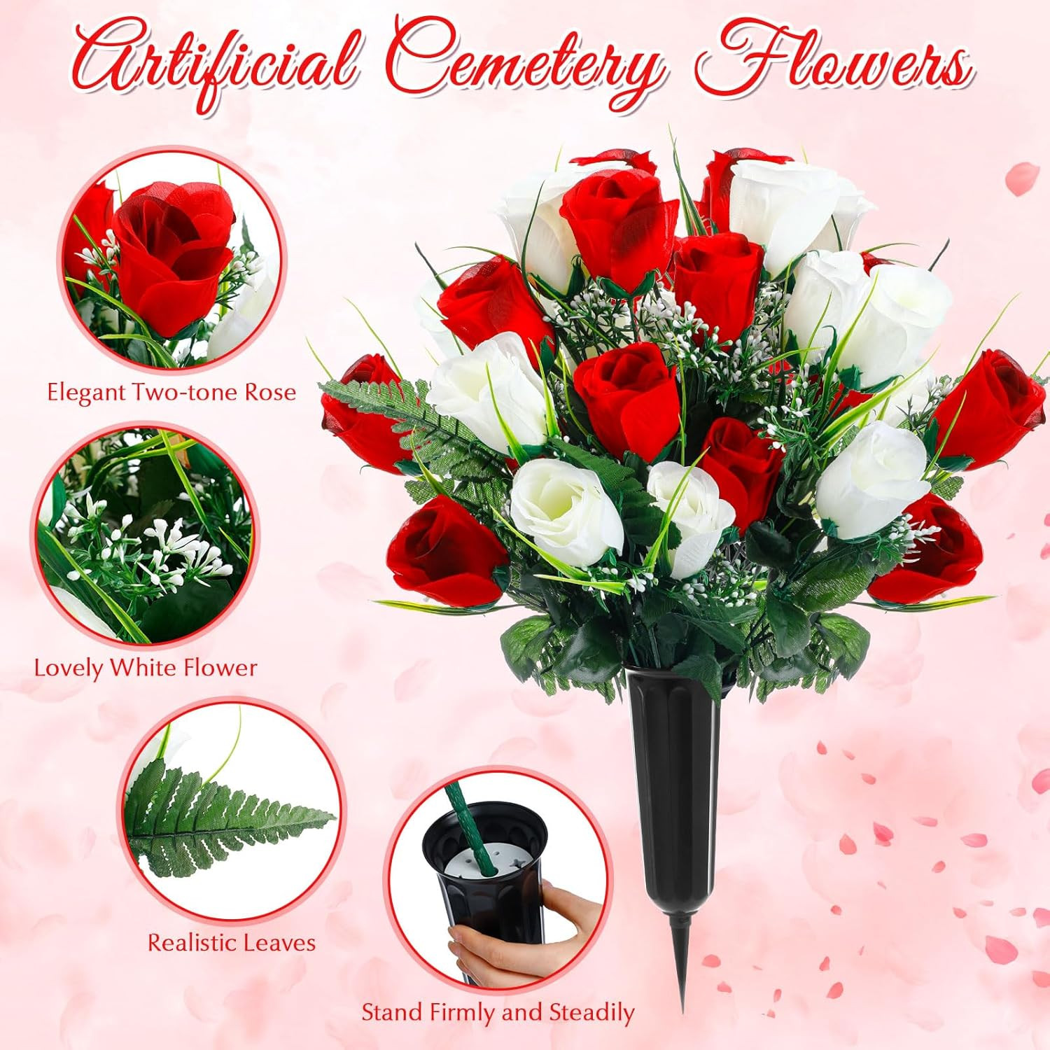3 Pcs Artificial Cemetery Flower Set with Vase – Red & White Memorial Bouquets