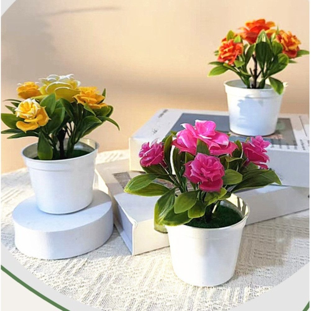 Indoor Artificial Rose Bonsai in Pot for Contemporary Home Office Table Decor