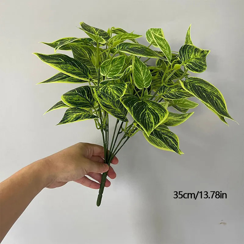 35cm 7 Forks Artificial Plants Fake Leaf Plant Wall Plastic Scindapsus Leaves Fl
