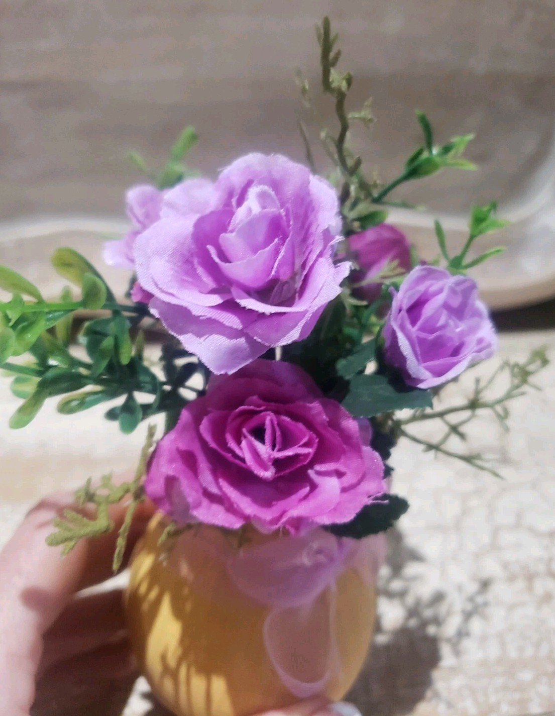 Purple Greenery Floral Arrangement Table Home Decor Pottery Pitcher 7″ TALL