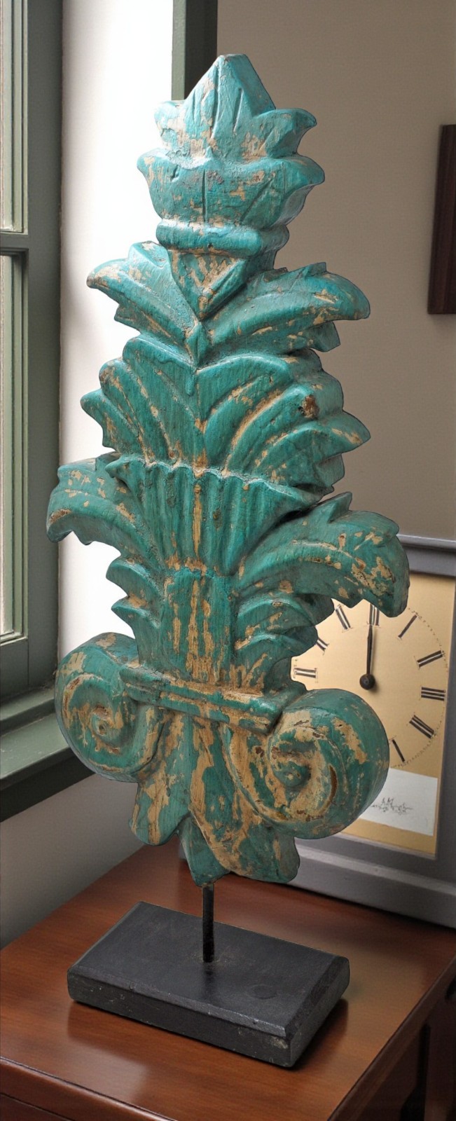 Hand Carved Wooden Flower Carving Panel Plaque on Stand Rustic Green Painted