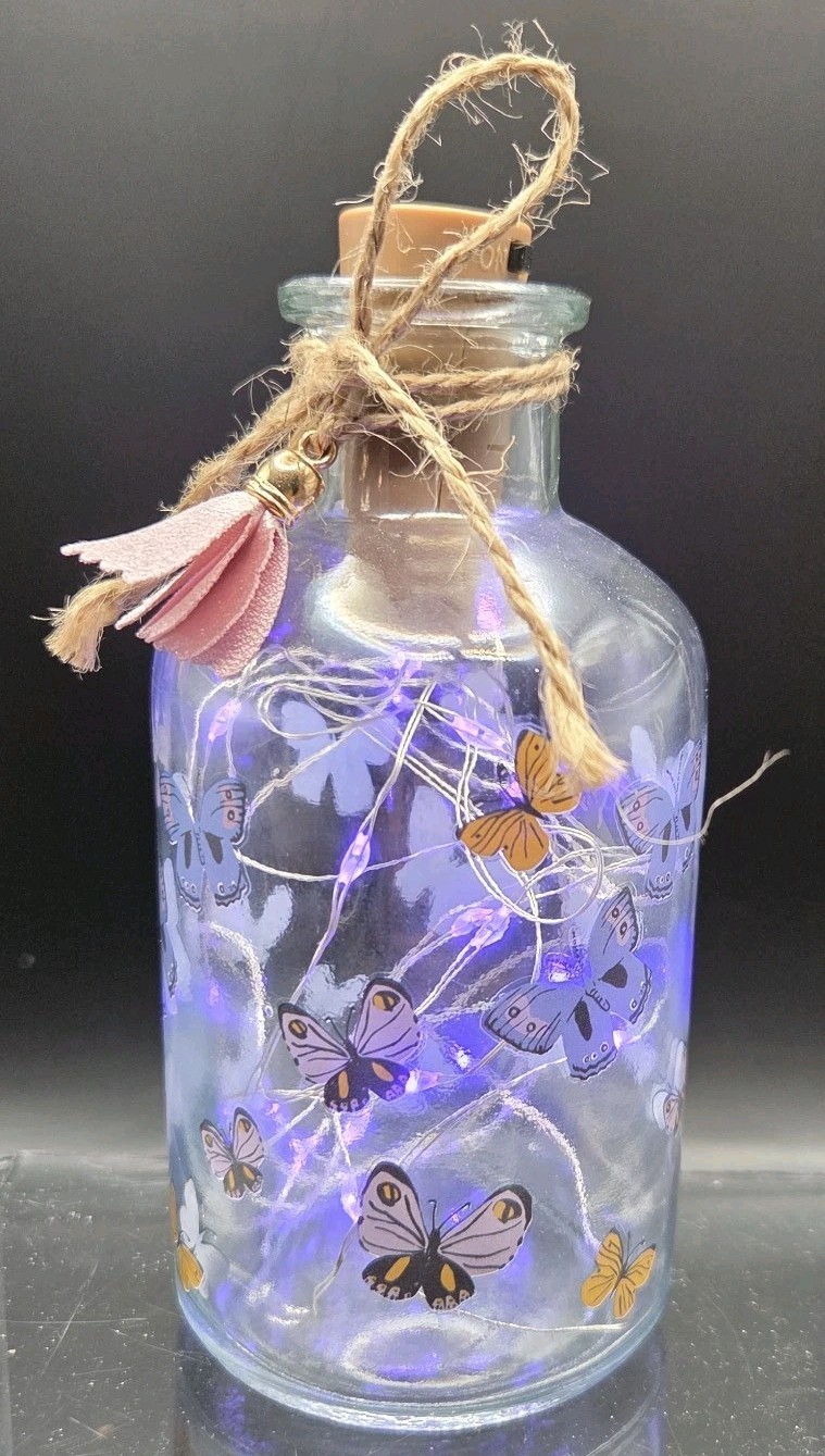 Handmade Butterfly Fairy Light Glass Bottle Lamp LED Night Light 6″ Tall HomeDec