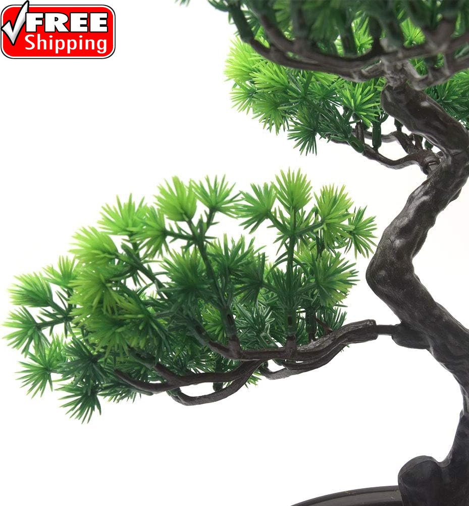 Artificial Bonsai Pine Tree, 11Inch Faux Potted Plant Desk Display Fake Tree Pot