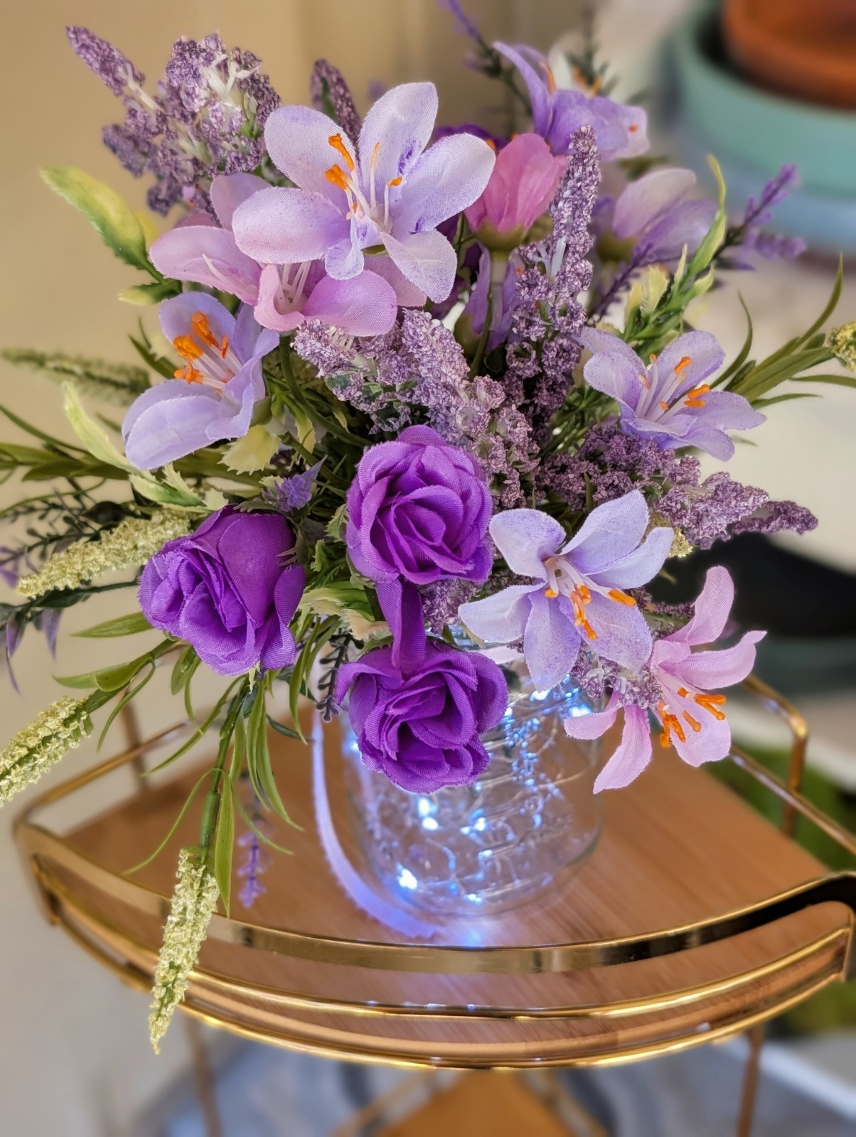 Purple Floral Arrangement, Mini Roses, Fressia, Lighted Mason Jar (Timer)