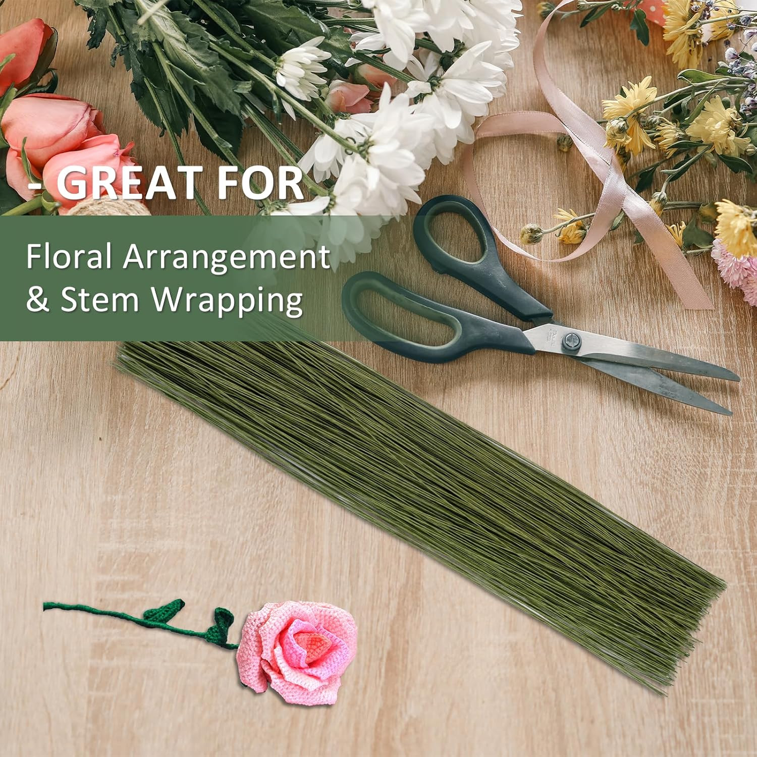 300 PCS Floral Wire Stems, 26 Gauge 14 Inch Artificial Flower Stems, Green Flow