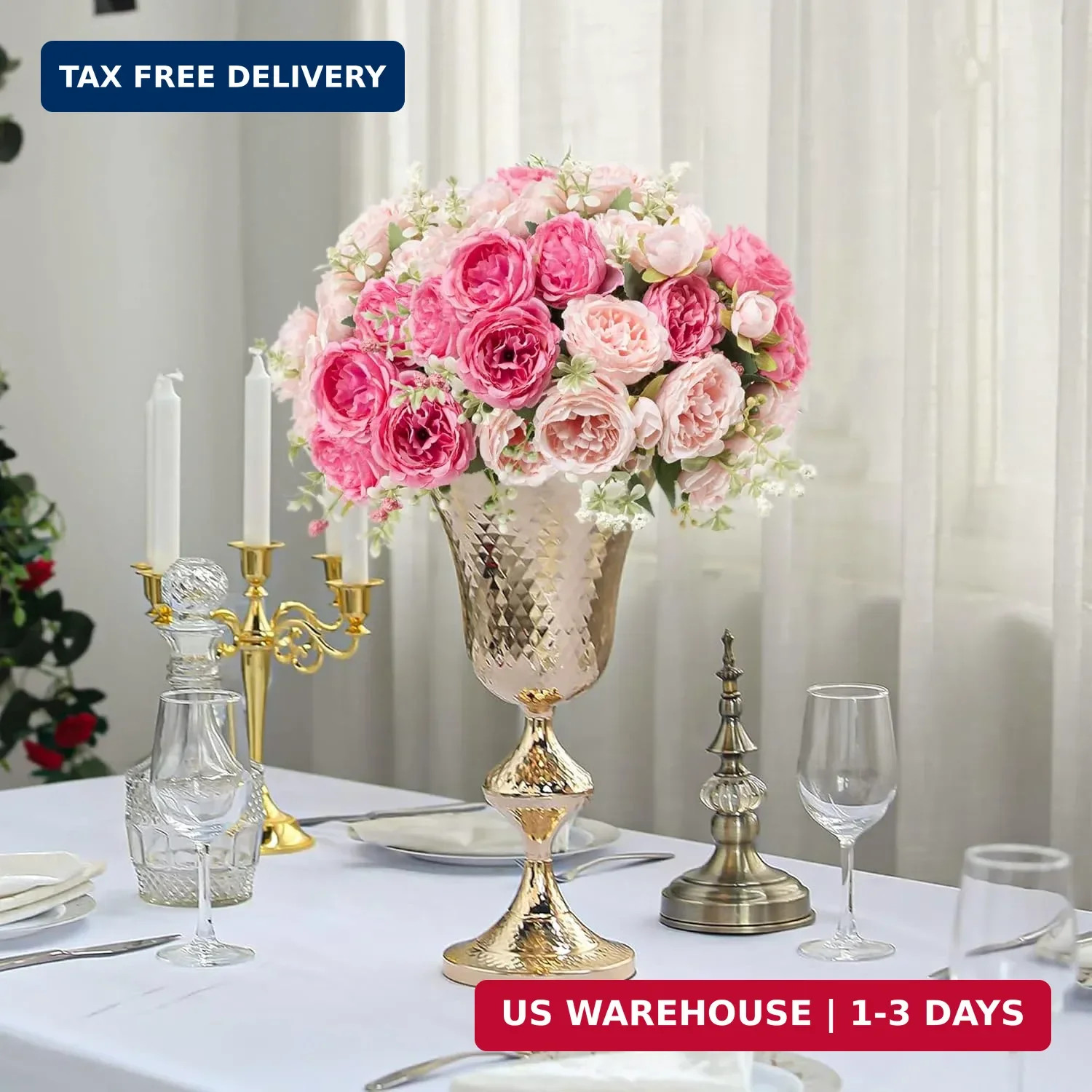 Artificial Peonies Silk Flowers, Pink Faux Peony Bouquet 4 Bundles Florals Arran