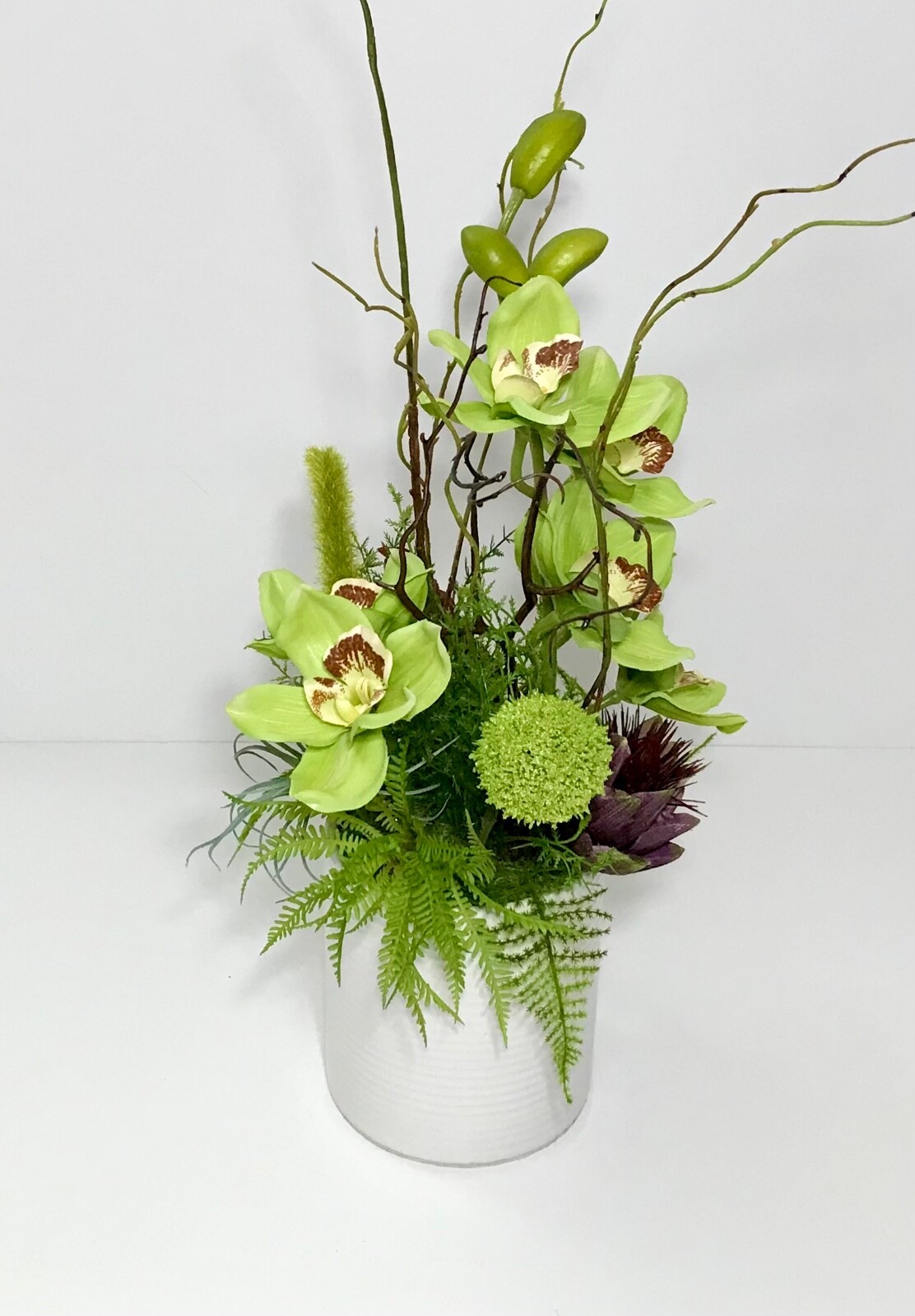 ELEGANT PALE MINT GREEN ORCHIDS ARRANGEMENT CERAMIC VASE CENTERPIECE GIFT NEW