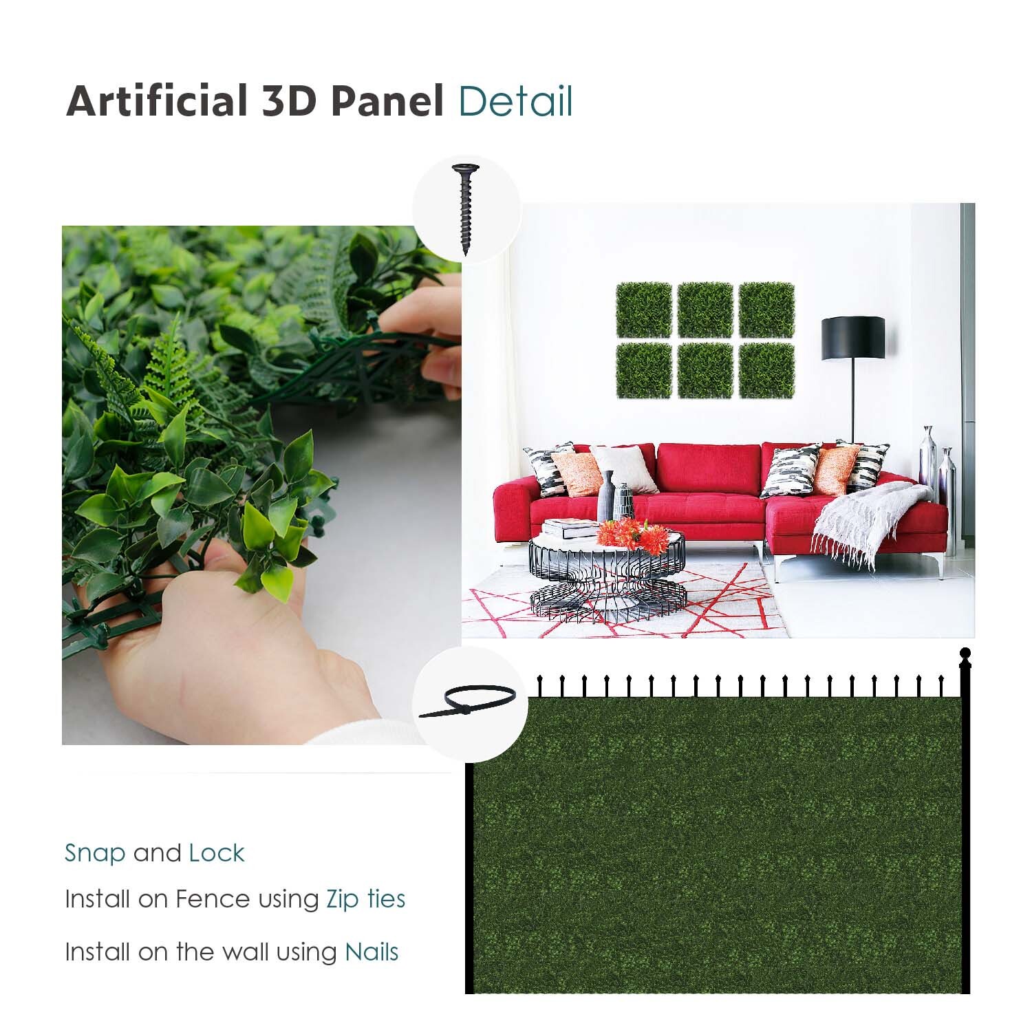20″x20″ Artificial Faux #9 3D Mixed Panel Leaf Privacy Fence Screen Decor Hedge