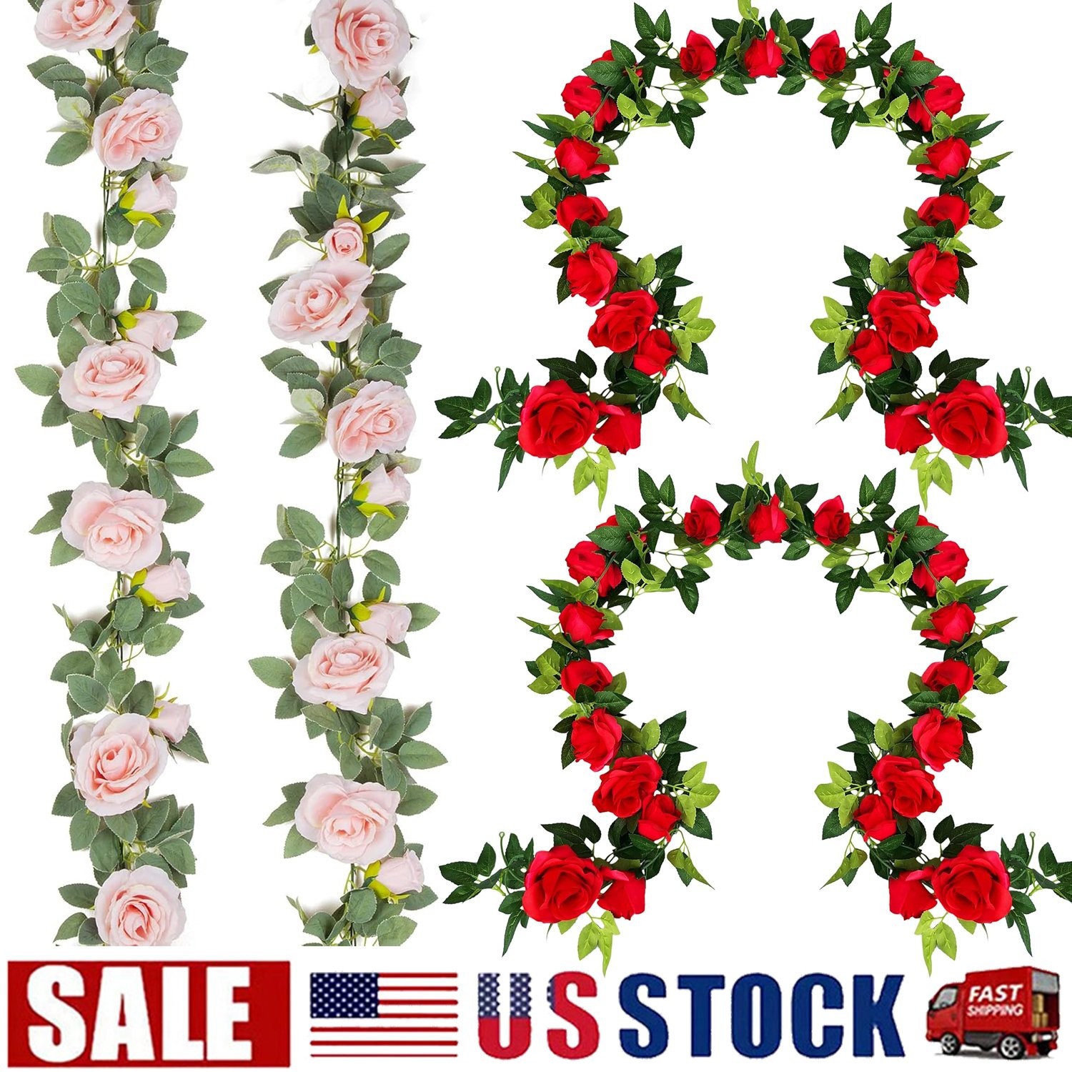 6x Pink/Red Artificial Rose Vine Fake Flower Garland Fake Silk Rose Hanging Vine