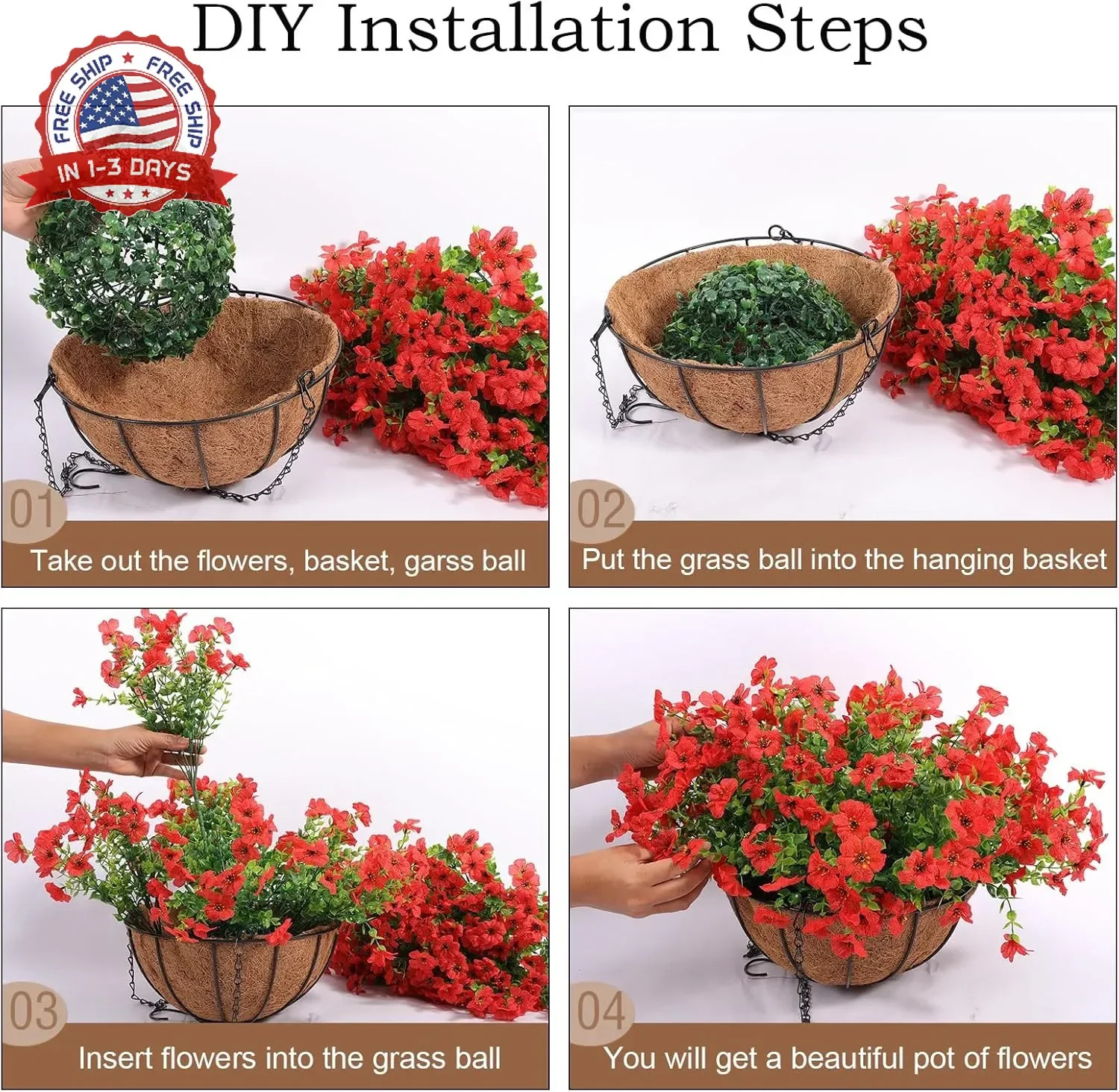 Hananona 24 Pcs Artficial Outdoor Flowers with Hanging Baskets, 2 Pack Hanging P