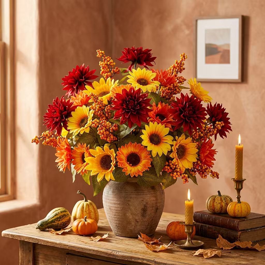 45cm Artificial Sunflower Bouquet with Mixed Blooms and Seasonal Leaves