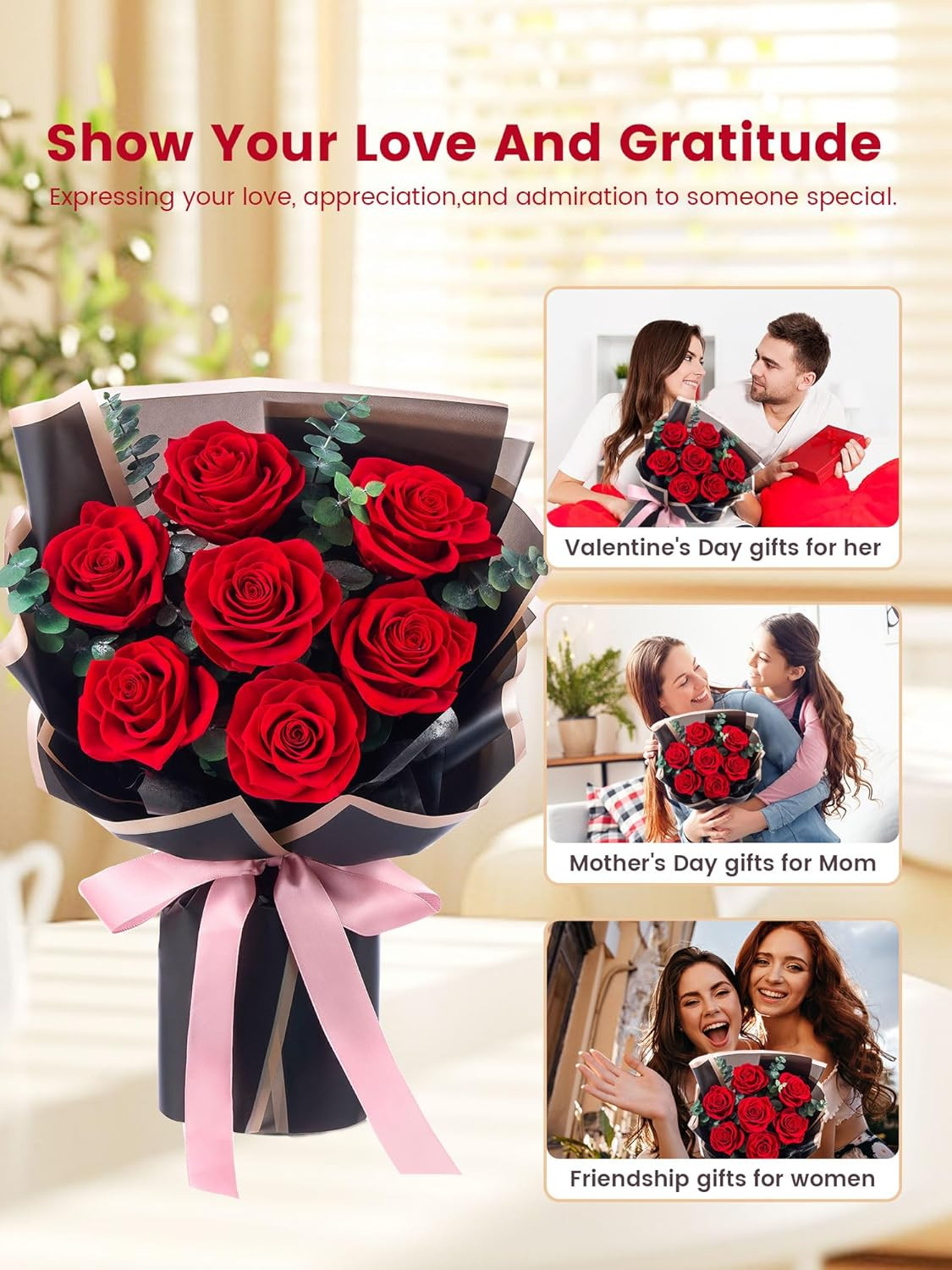 7 Piece Preserved Red Roses Bouquet Gift for Women Mother Wife