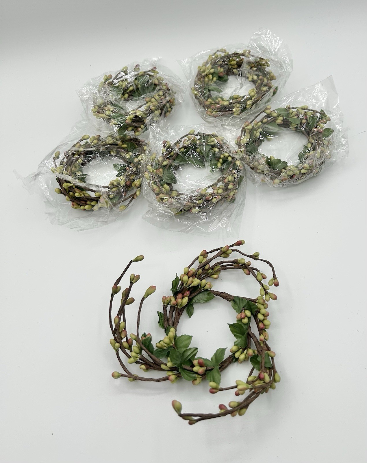 Primitive Berry Candle Ring Wreath Pips Green Pink Brown 3.5″ Lot of 6 New