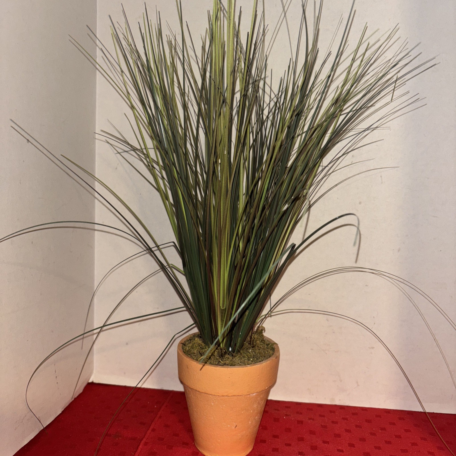 Faux Onion Grass In 4” Clay Pot-16.5” Tall- Estate Find