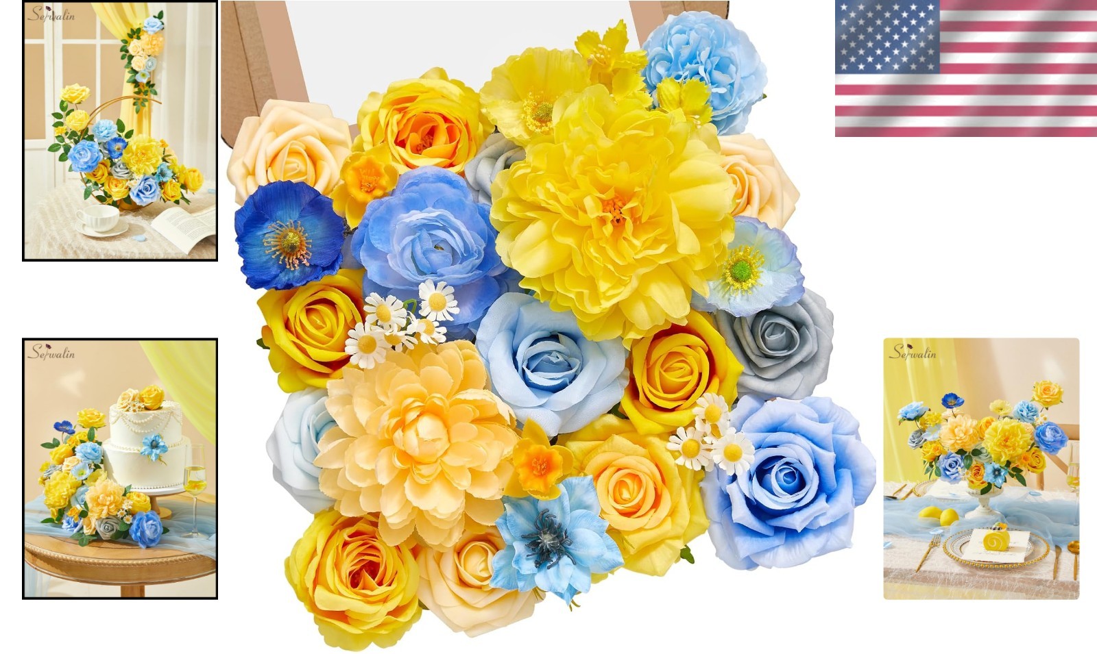 Artificial Flowers Blue Yellow Silk Floral Decor for Wedding Party Home