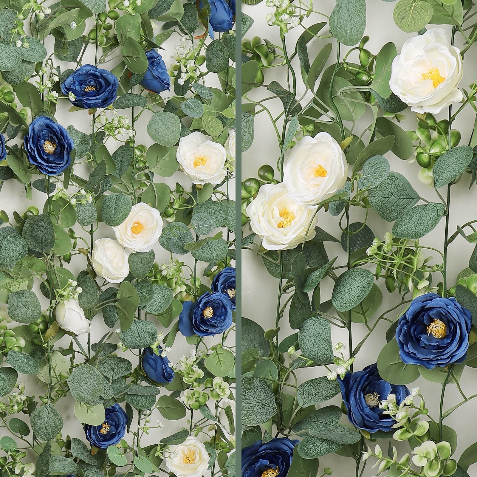 TOCHGREEN 4 Pack Artificial Eucalyptus Flower Garland with White and Blue Ros…