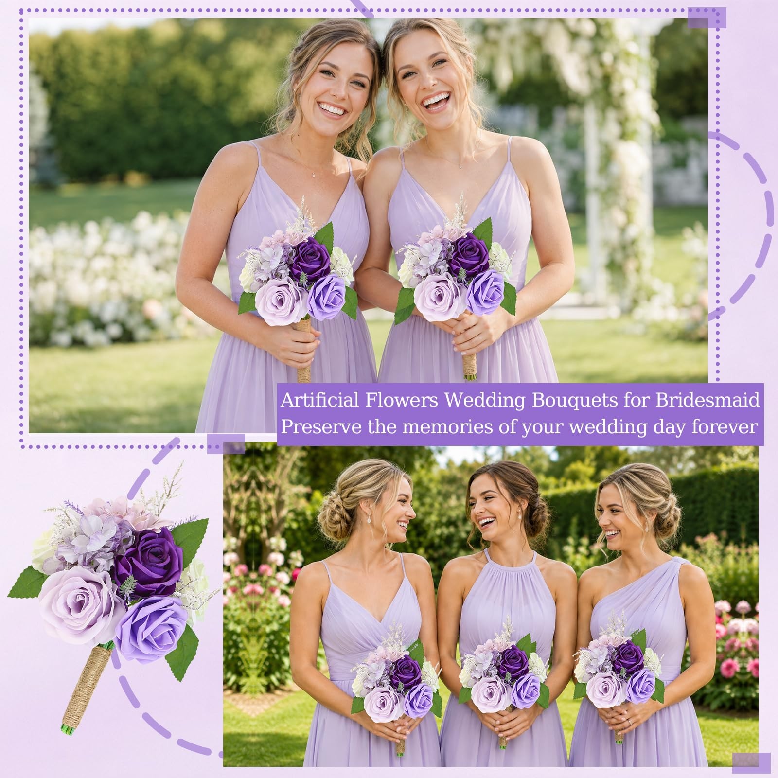 EMONONIA Artificial Bridesmaid Bouquets Set of 2 for Wedding – 7 inch Purple …