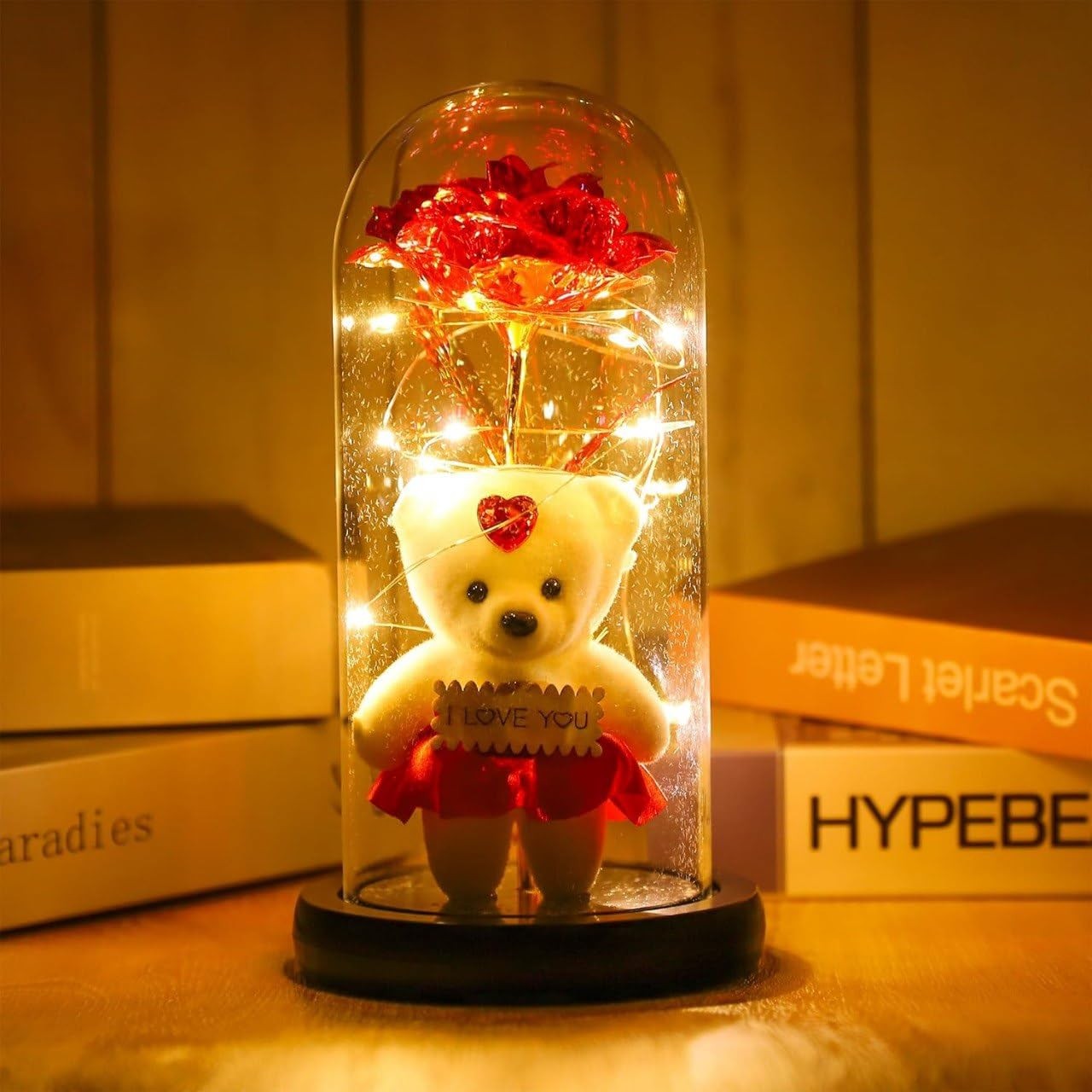 Artificial Flower Rose Light Gift in A Glass Dome with Teddy | Valentine GIfts