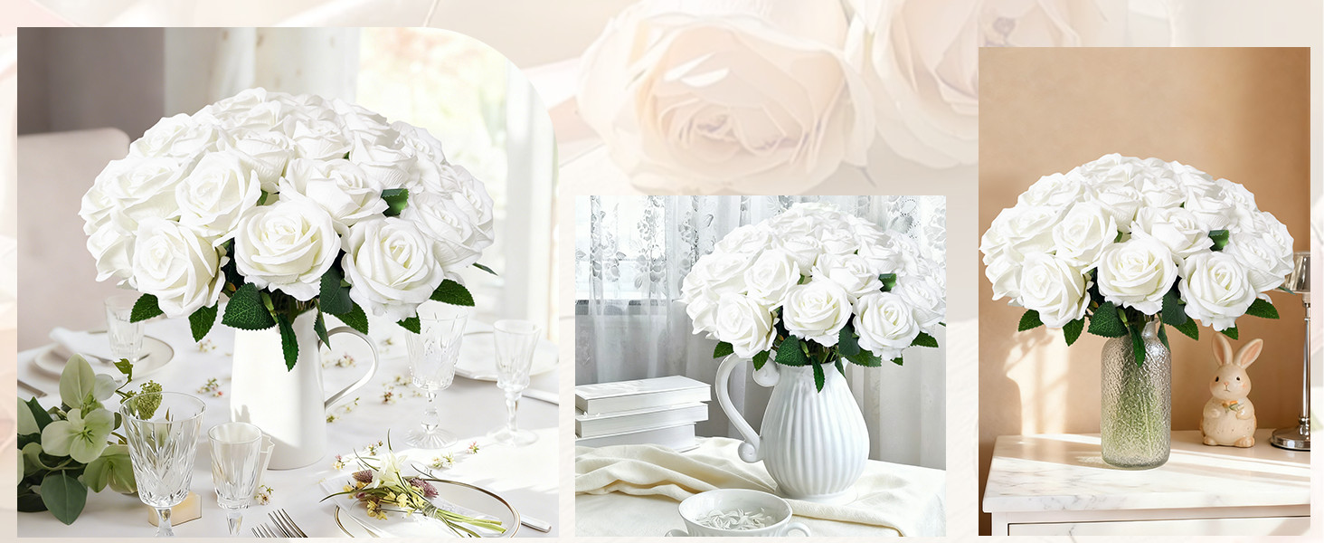 100Pcs White Roses Artificial Flowers with Stems，Fake Roses Bouquet Fake Flowers