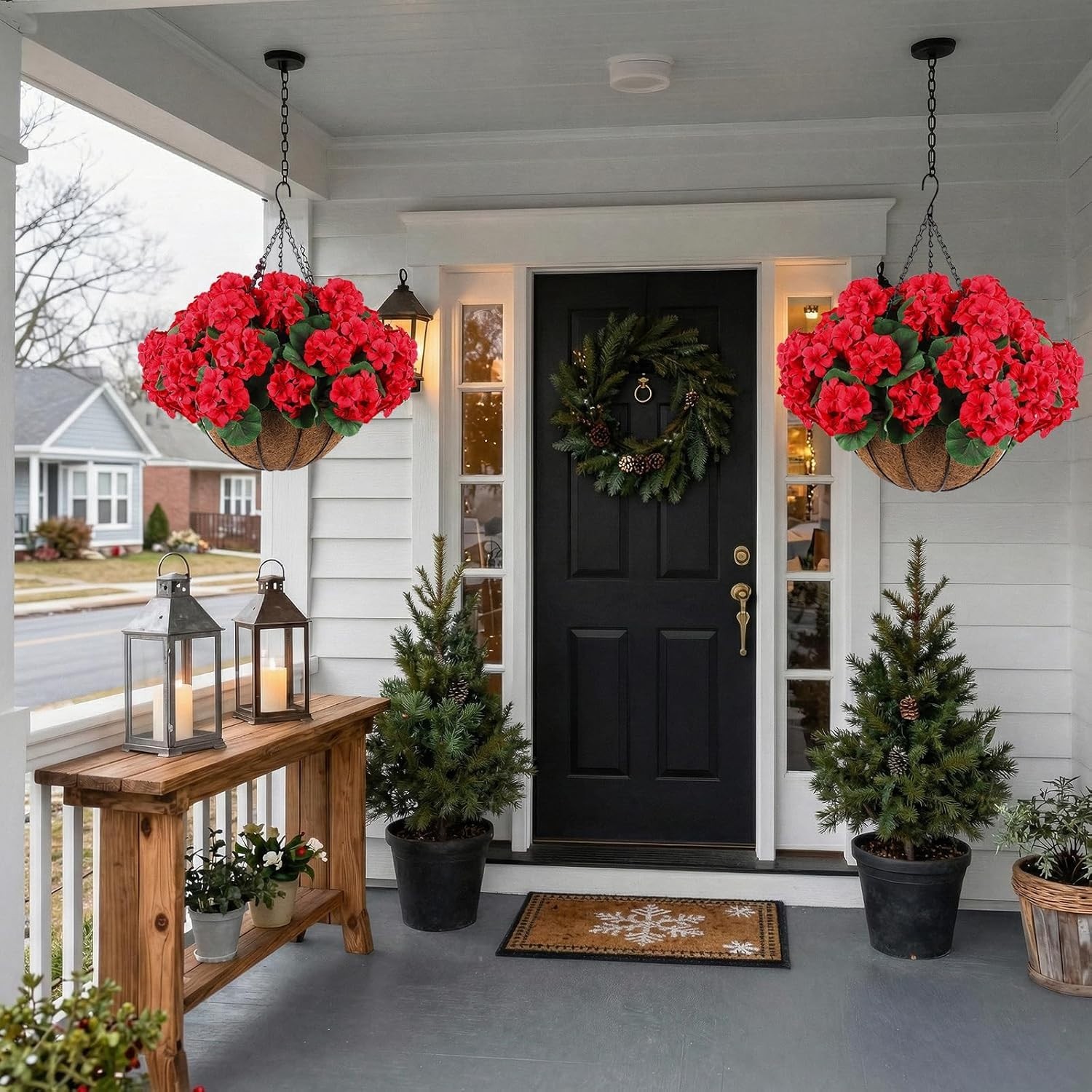 Versatile Red Geraniums with Baskets – Perfect for Christmas and All- Decor