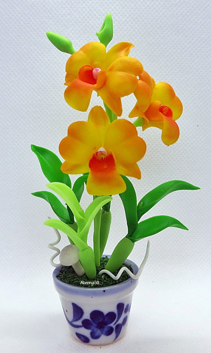 US Stock 4″H Handmade Air-Dry-Clay Miniature Dendrobium Orchid Arranged in Pot