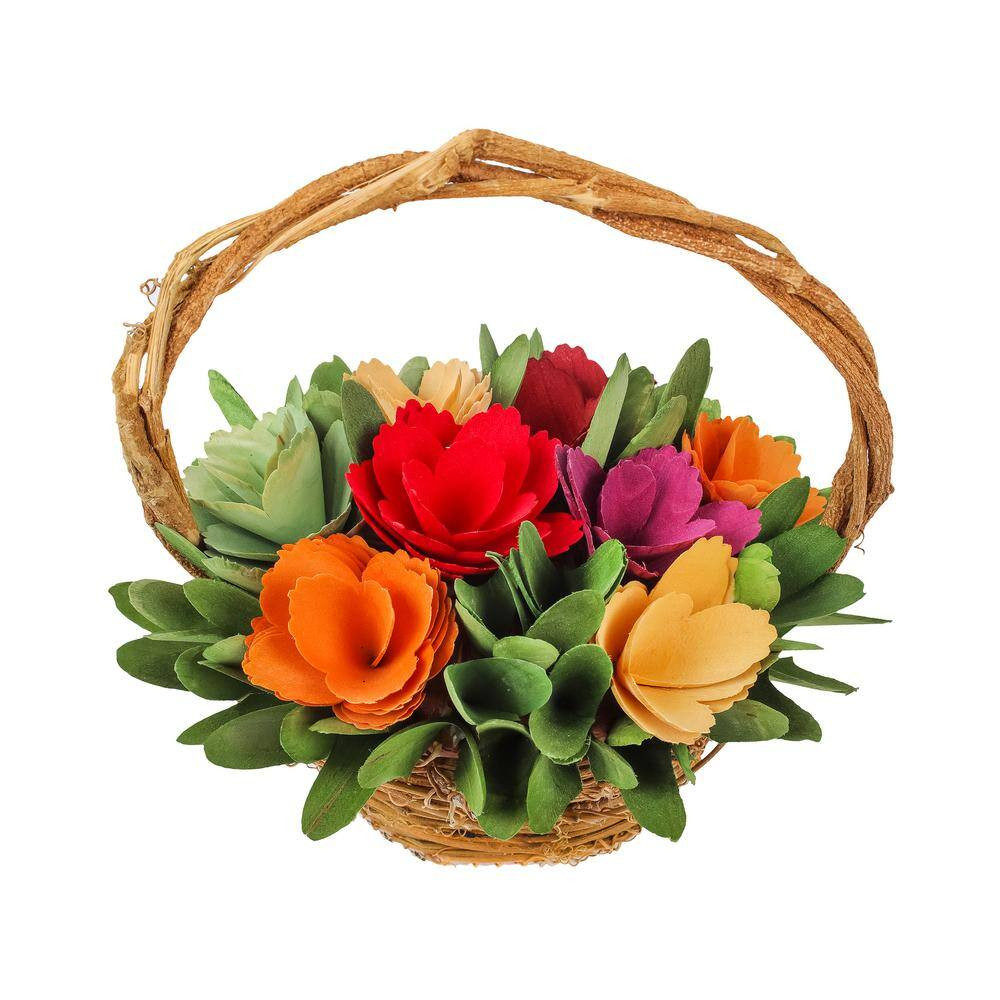 10 In. Artificial Floral Arrangements Spring Assorted Flowers Basket Color- Mult