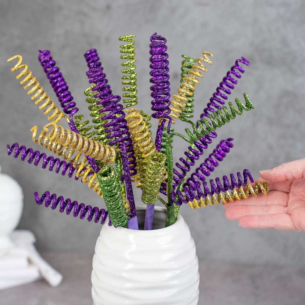 Set of 6 Decorative Mardi Gras Glitter Curly Spring Spray 16″ Stems