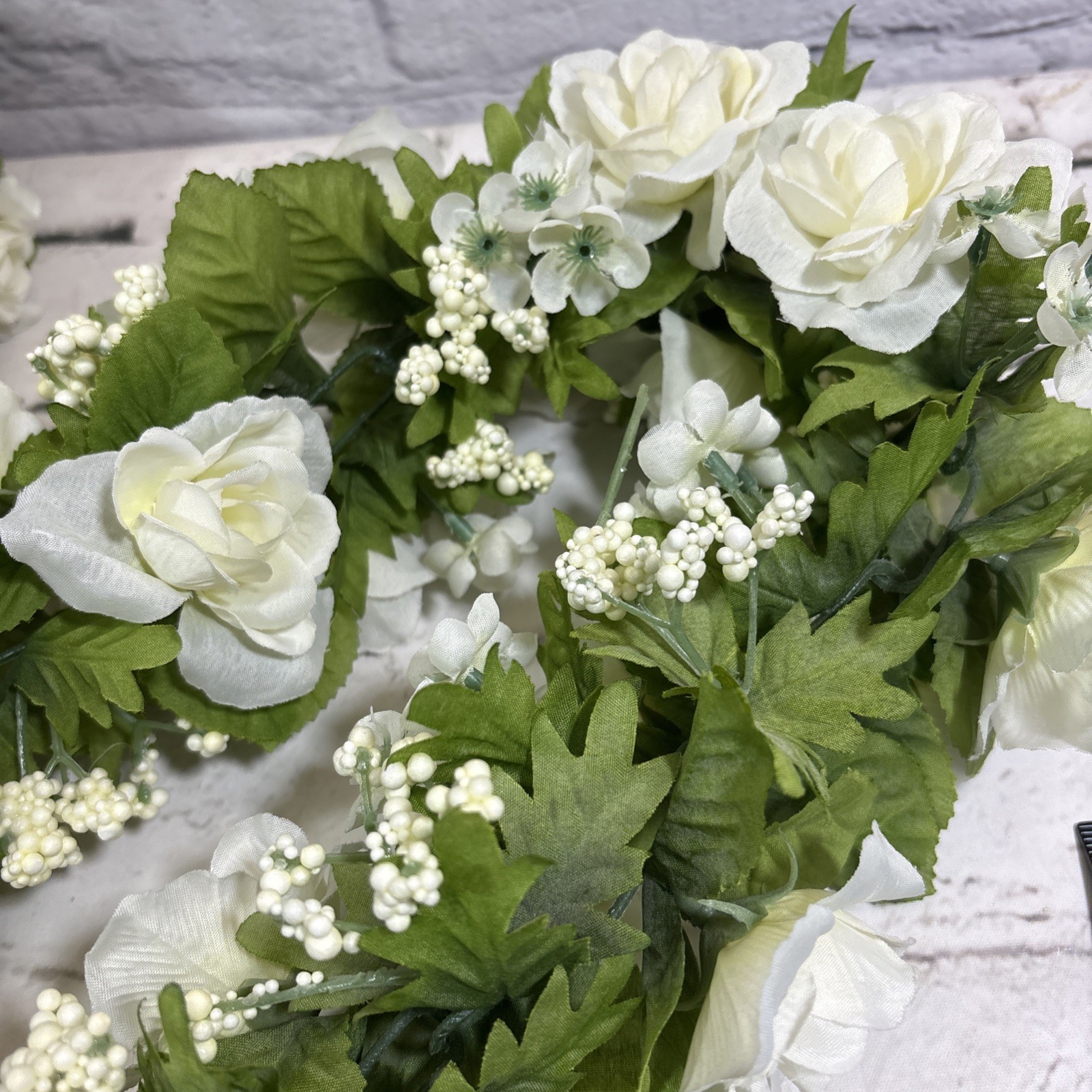 Vintage Wedding Garland White Roses Baby’s Breath Artificial Flower Decor 62”
