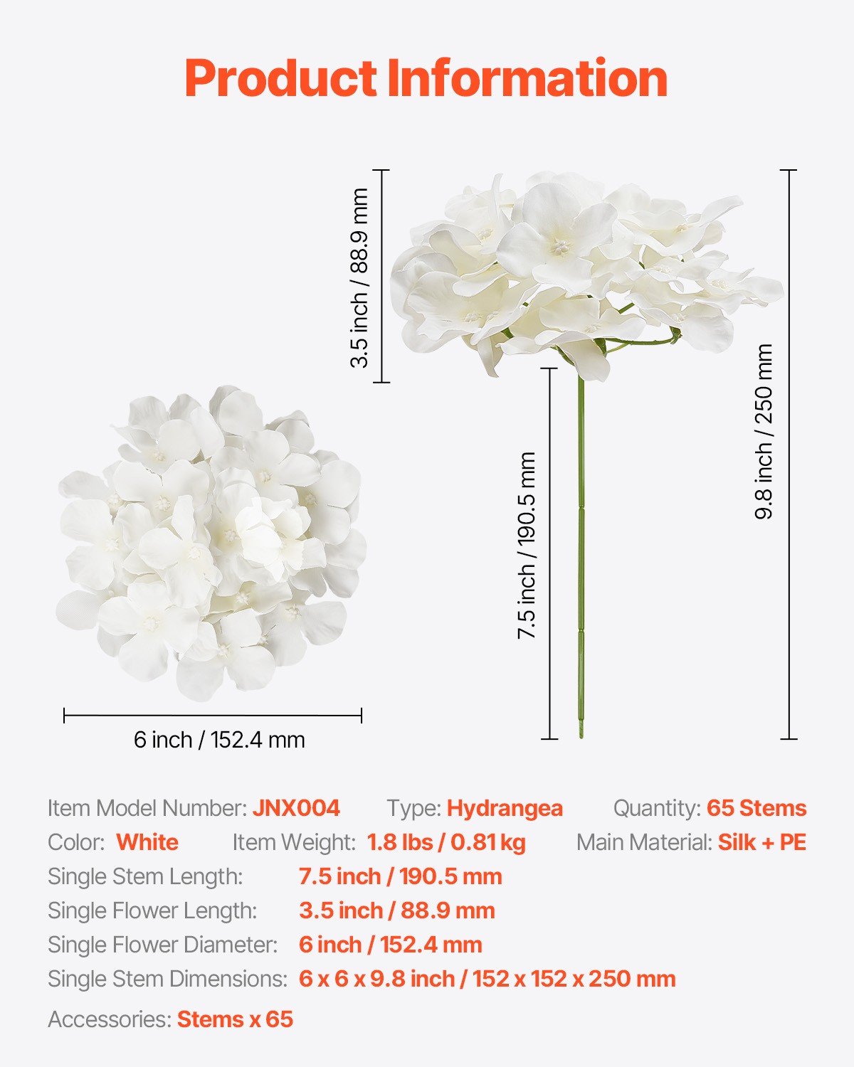 VEVOR 65 Pcs Artificial Silk Hydrangea Flowers 9.8 In Bouquet Arrangement White