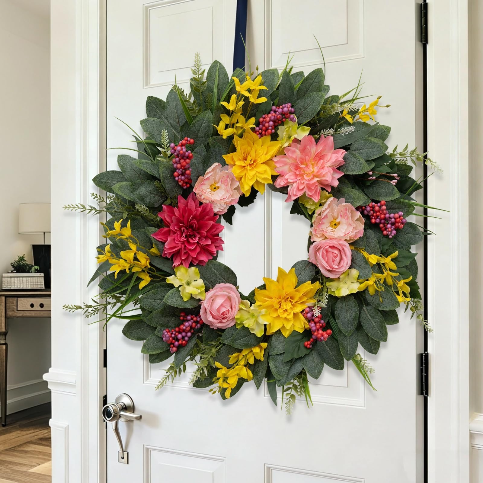 24″ Eucalyptus Wreath with Sunflowers & Daisies – All Season Door Decor, Indoor/