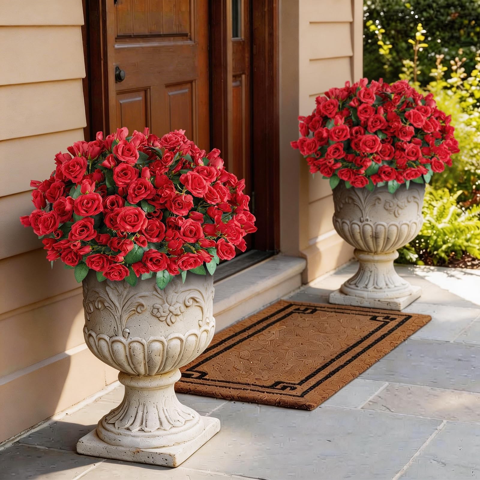 Bundles Artificial Roses for Front Door Outdoor Decor, Realistic Fake 8 Red