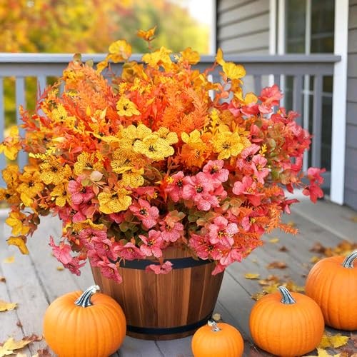 Artificial Fall Flowers for Outdoor, 16 Bundles Fake Fall Yellow Light Orange