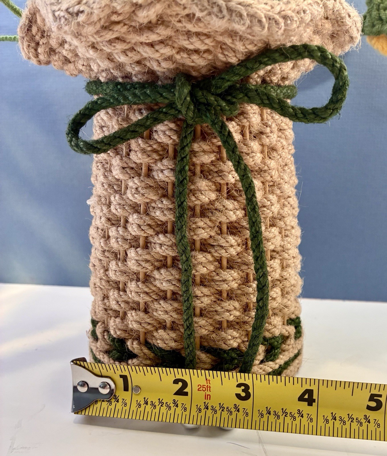 Hand Crocheted Yellow Rose Flowers in Hand Knitted Jute Basket 11”