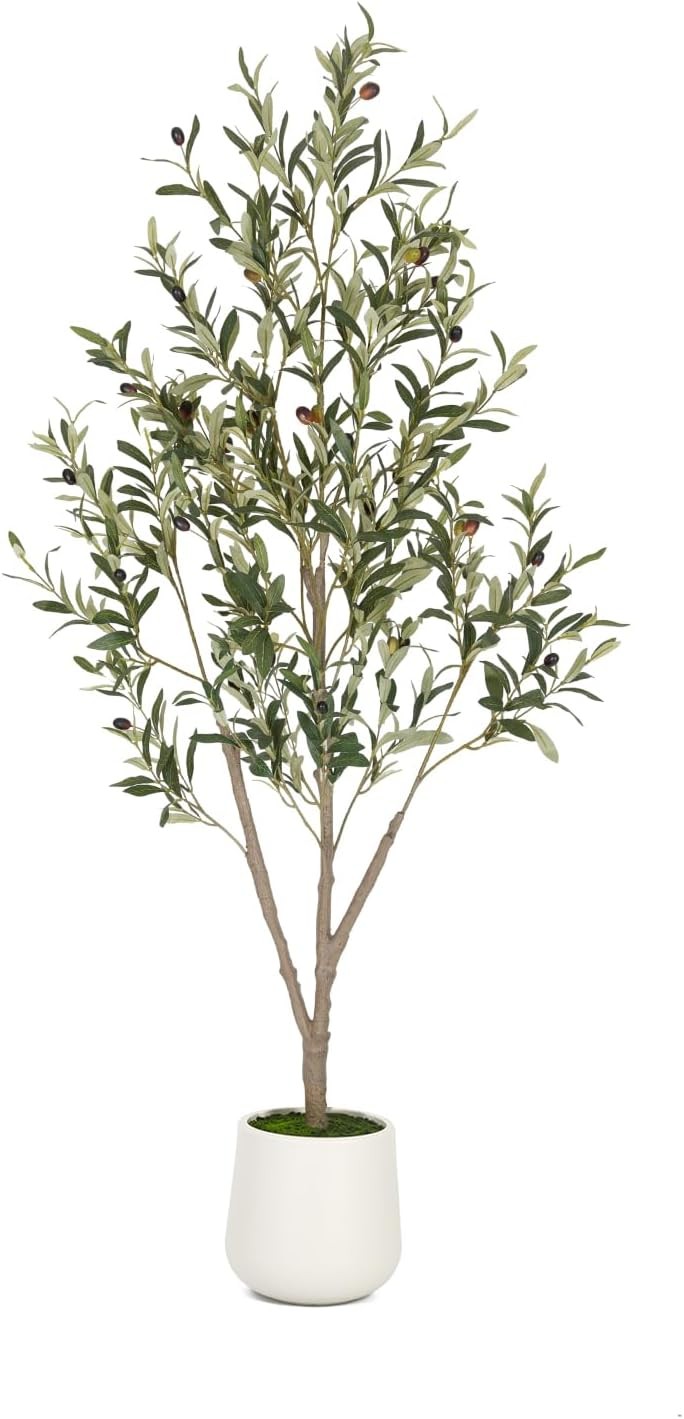 Olive Trees Artificial Indoor 7FT Tall Faux Olive Tree W/ White Tall Planter