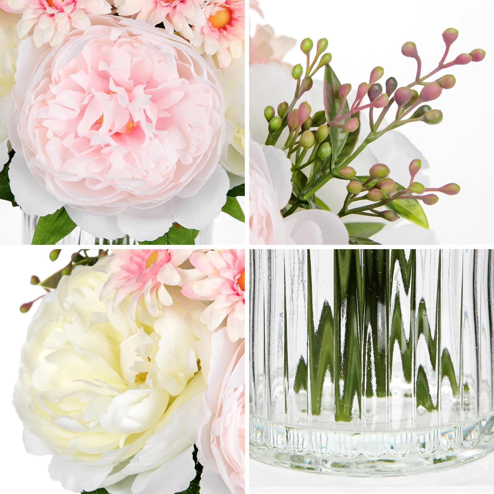 Pink Silk Peony Daisy Artificial Faux Flowers Vase Table Centerpiece Decor