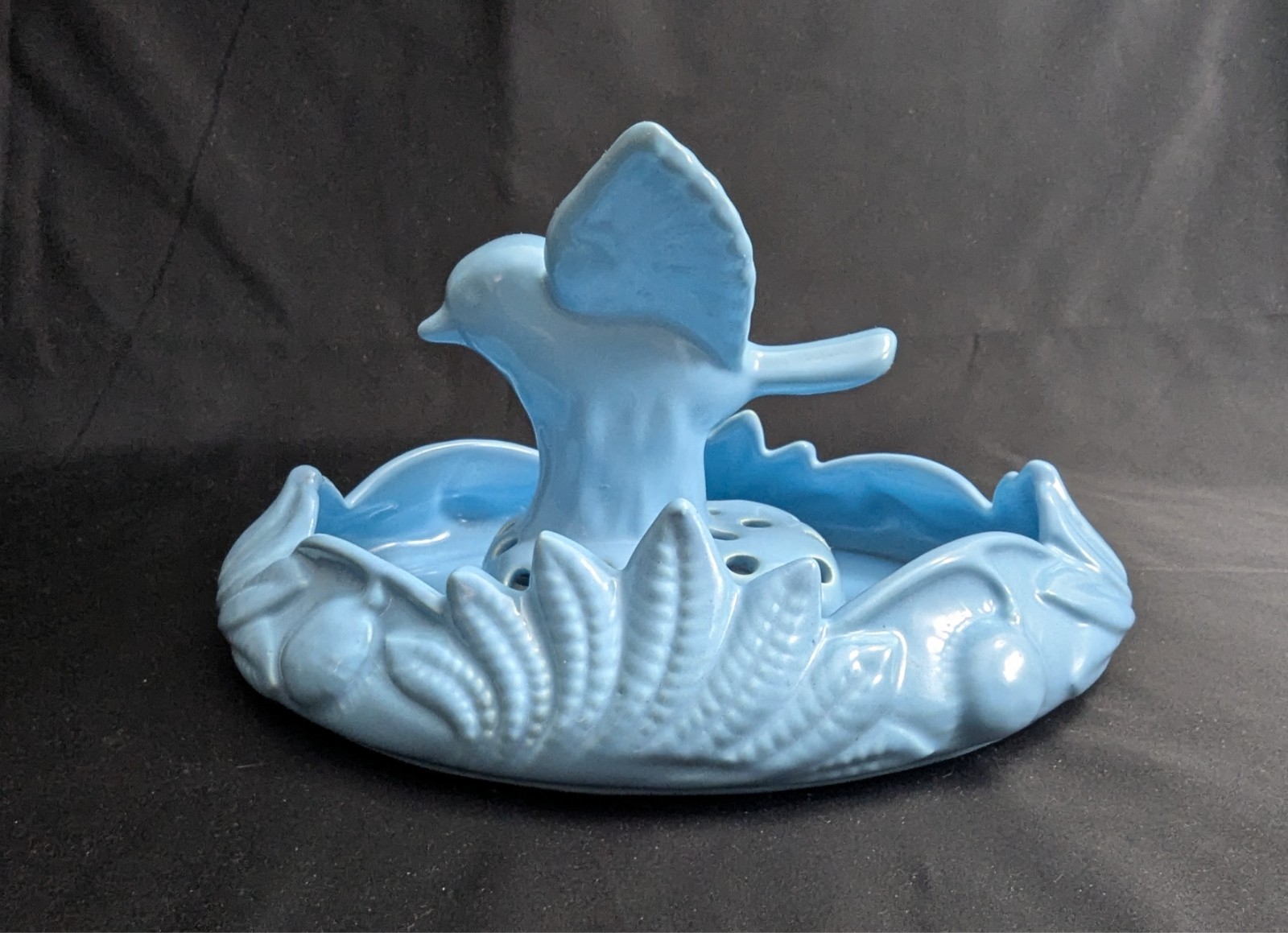 Vtg Camark Art Pottery Blue Shallow Bowl Planter & Bird Flower Frog Set (S4)