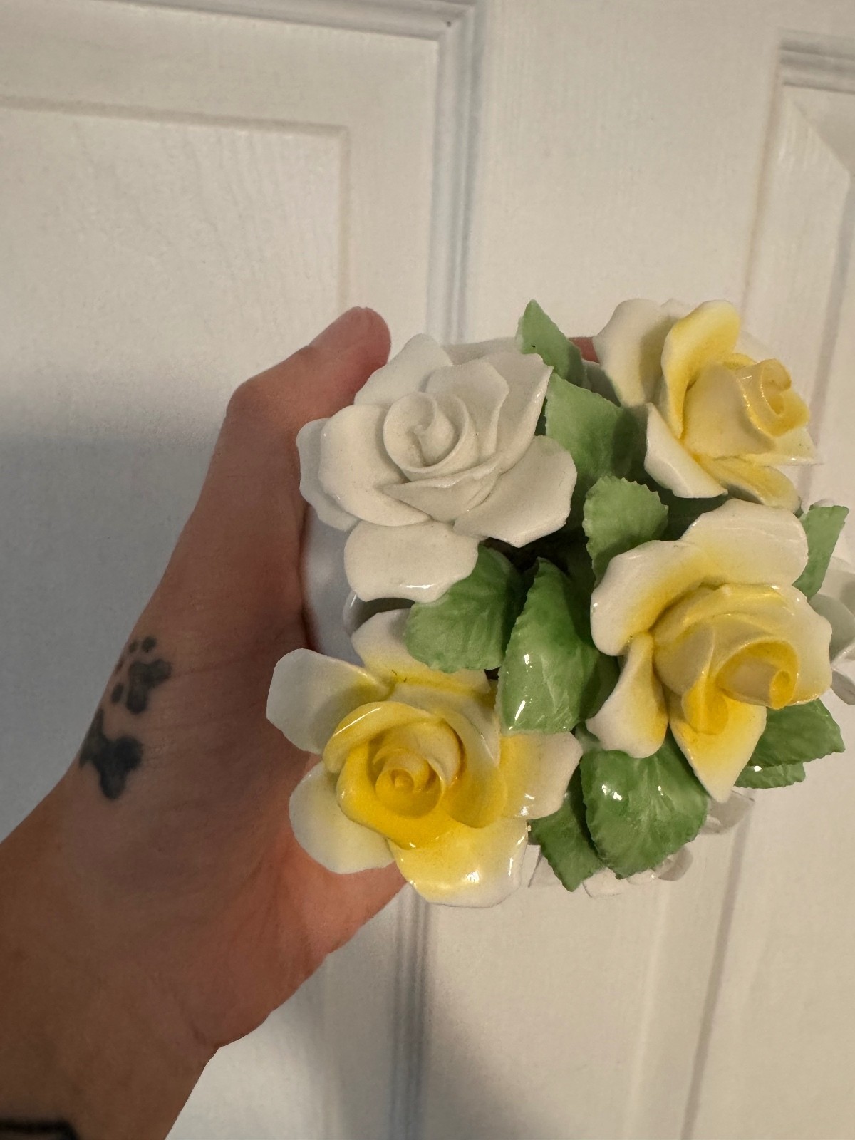Vintage Ceramic Flower Bouquet Figurine with Yellow and White Roses