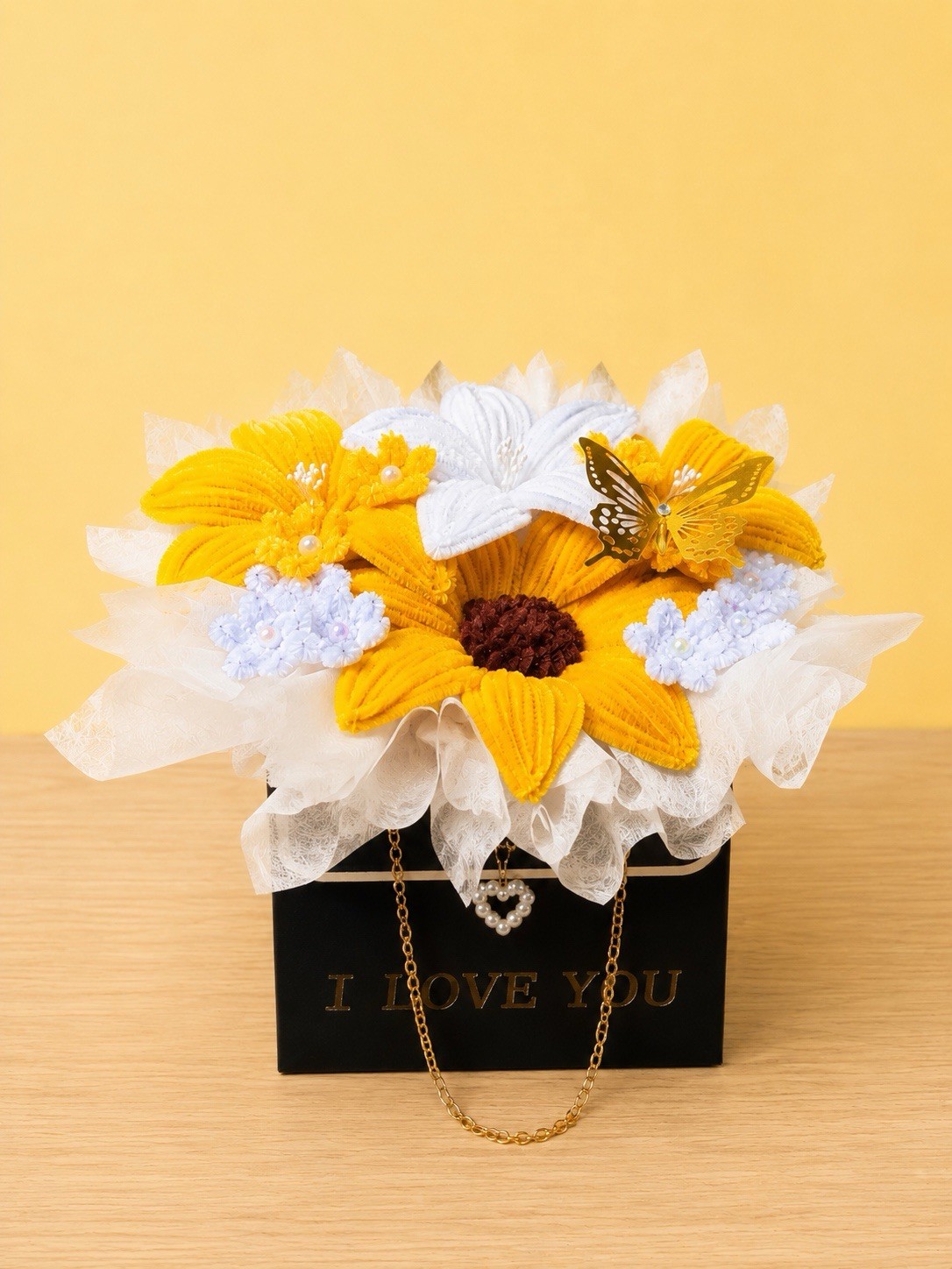 Handmade Sunflower Yarn Flower Arrangement In Gift Box Knitted Crochet Flowers