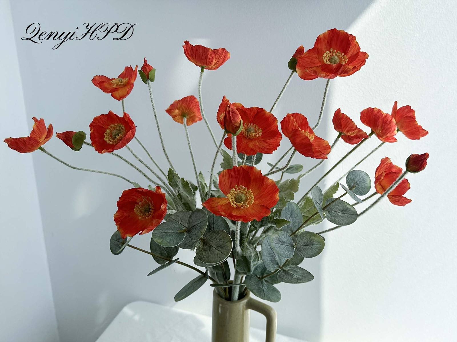 Artificial Poppy Flowers and Eucalyptus Stems for vase, Fake Blush Pink Silk …
