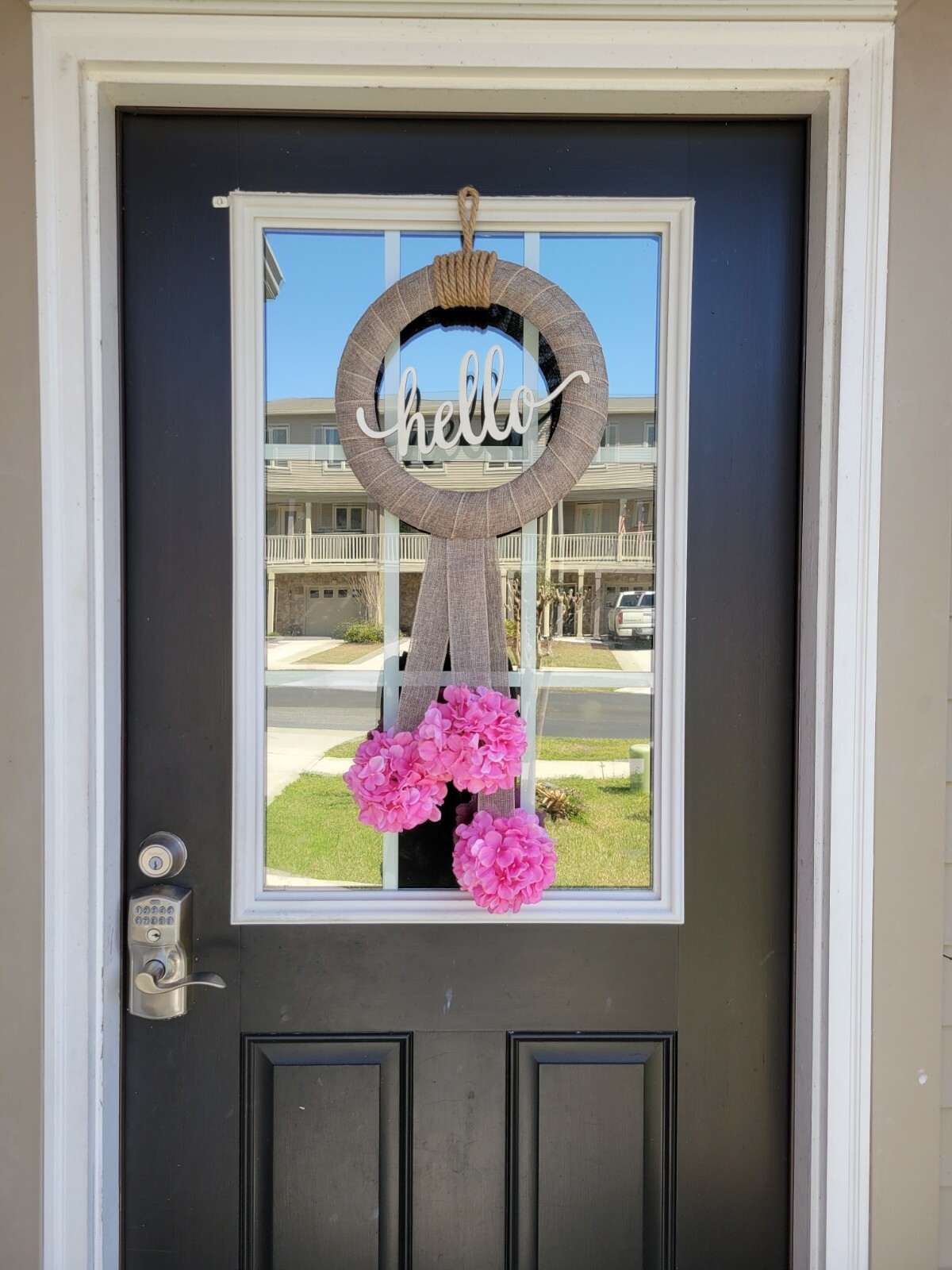 HELLO wreath FLOWER Pink Hydrangeas burlap Decor Front Door Nautical Rope hook