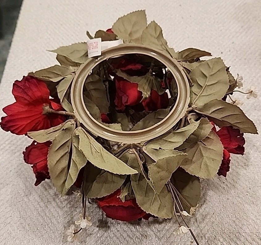 Vintage Artificial Flower Candle Ring Wreath ~ Red Roses Multi & White Flowers