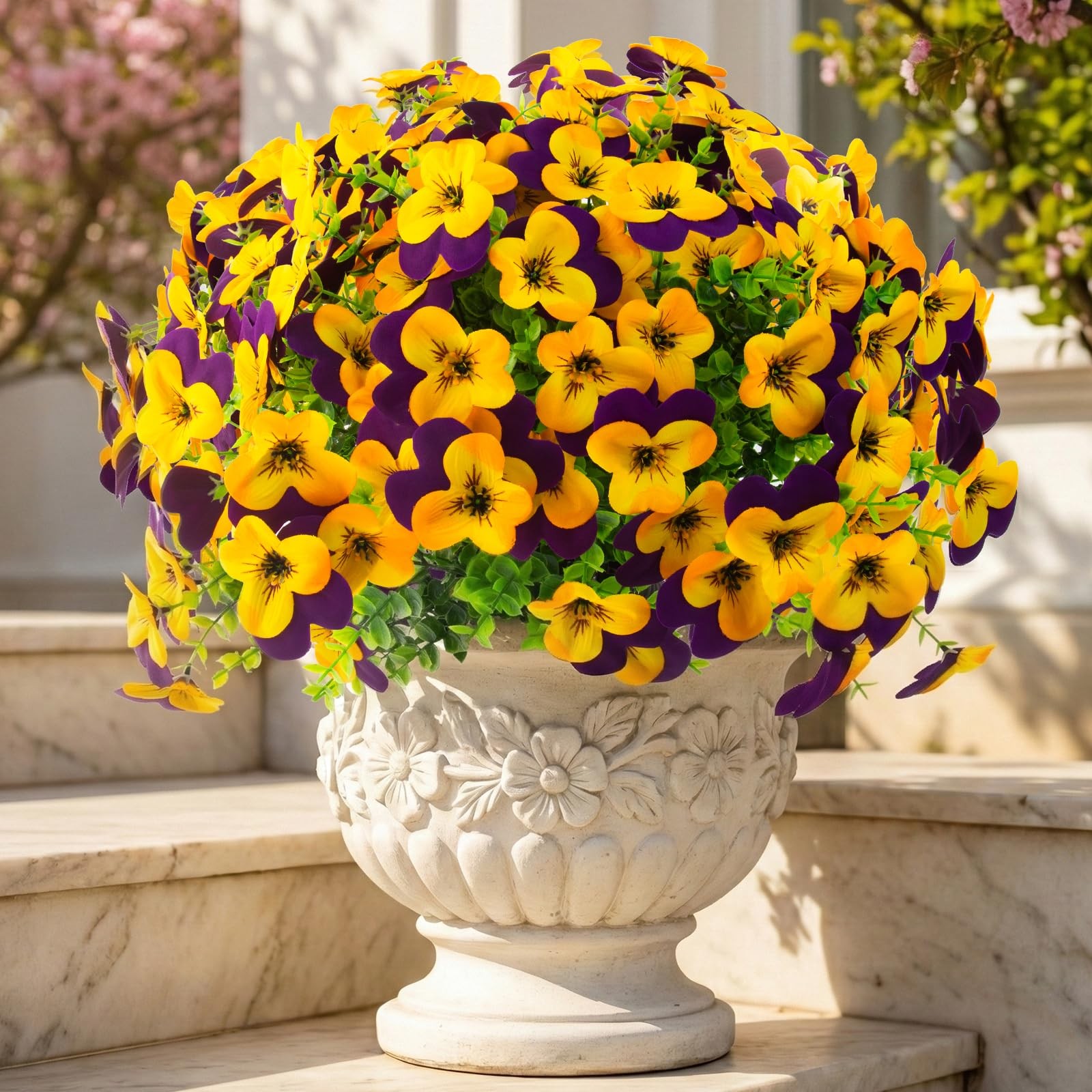 lovemoon 16 Pcs Artificial Pansy Flowers for Outdoors Yellow Faux Silk Spring