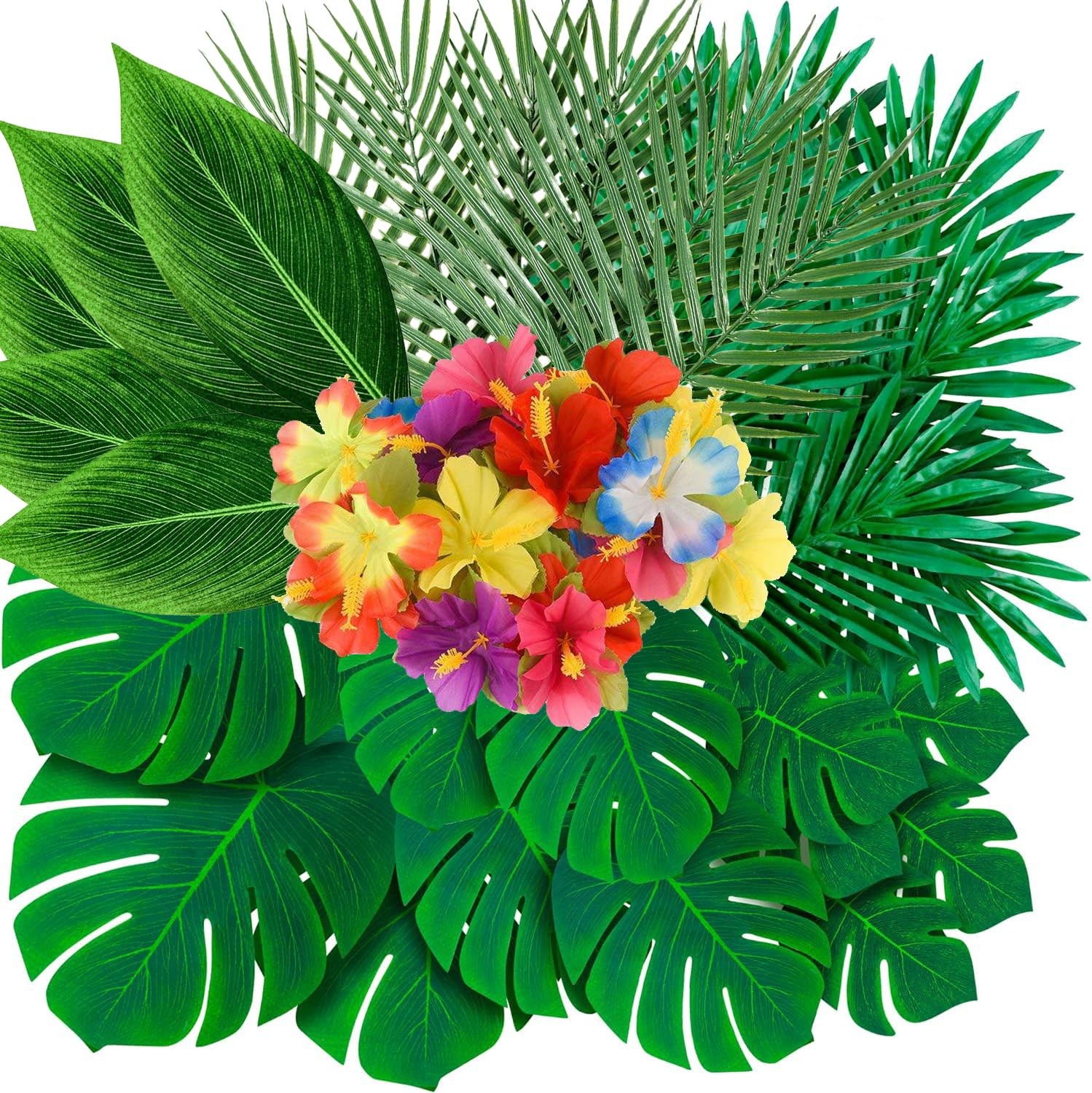105Pack Artificial Palm Leaves Hibiscus Flowers Tropical Party Decorations Su…