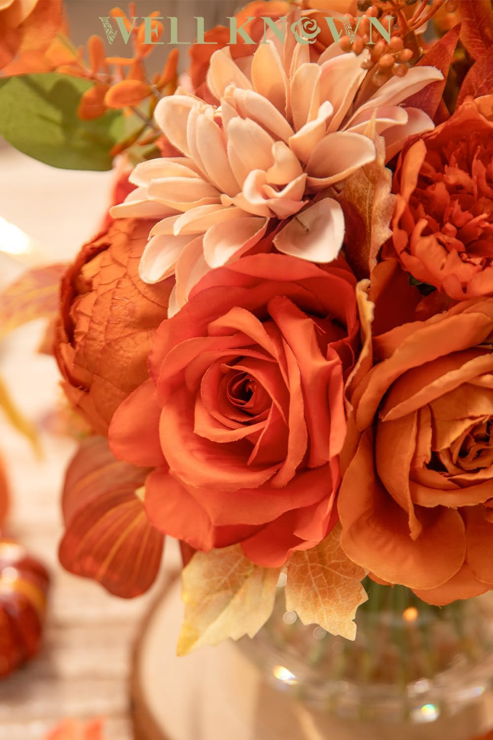Silk Flower Bouquet in Vase – Orange Peony & Dahlia Centerpiece Decor