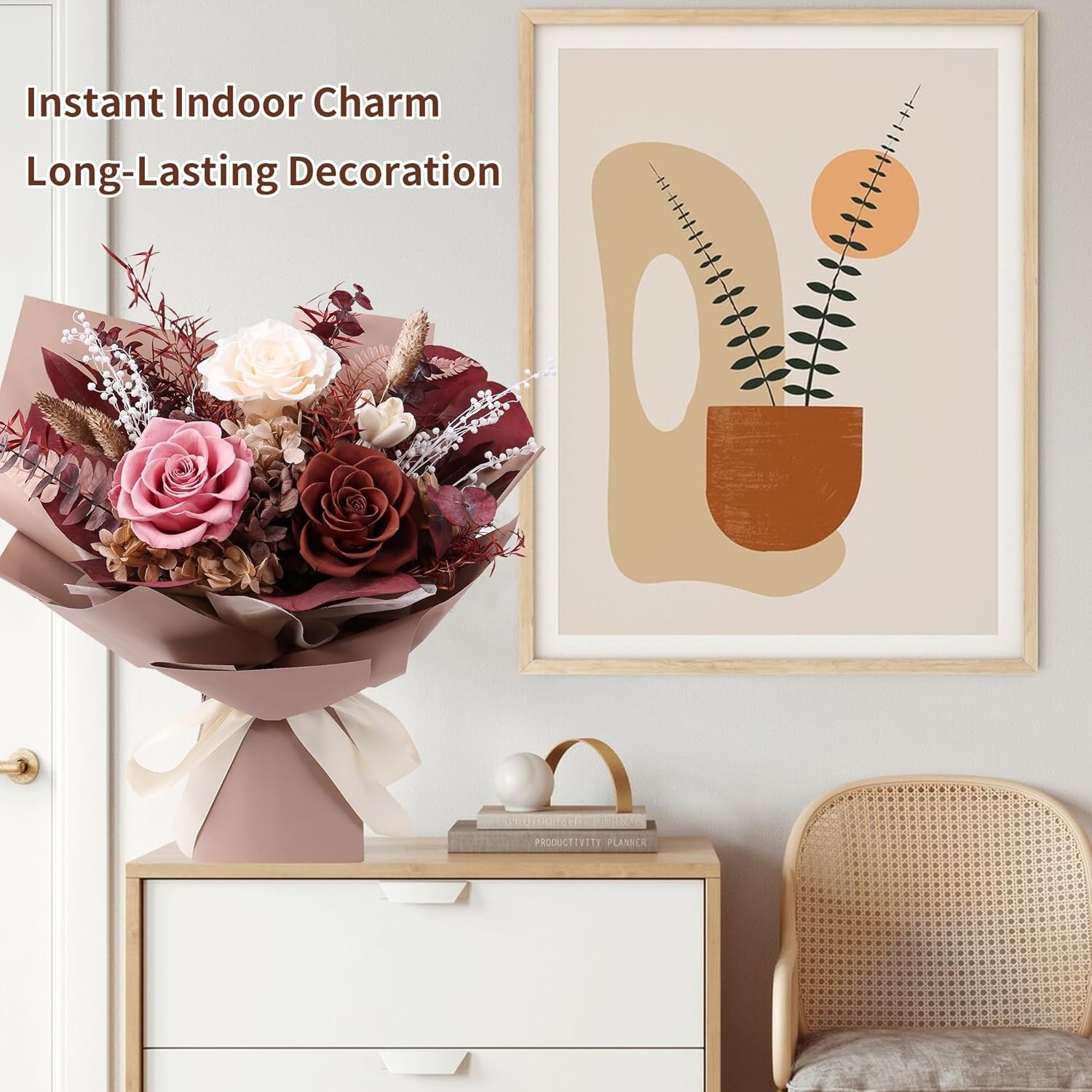 Natural Preserved Flowers Bouquet – -Round Caramel Elegance for Any Space