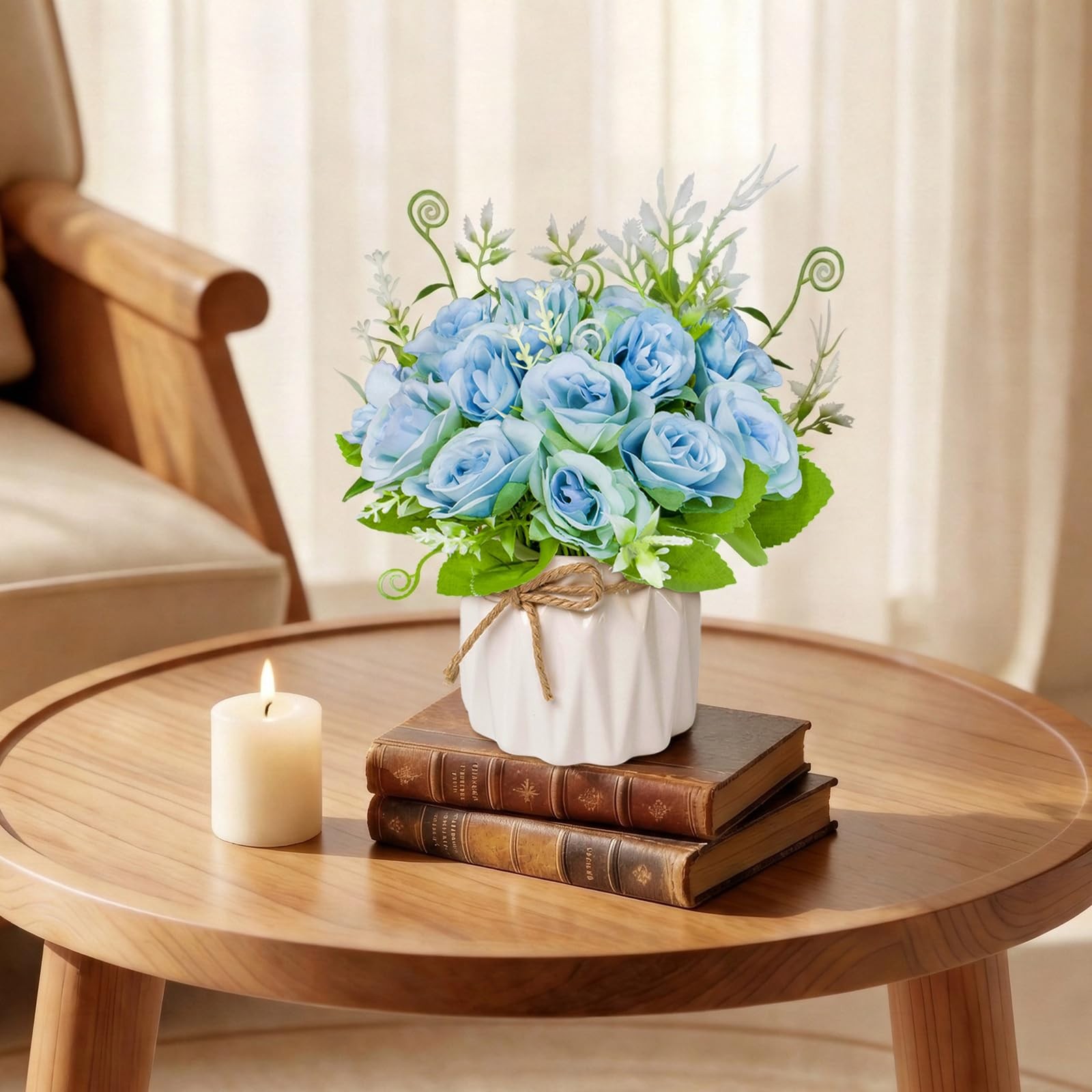 Blue Artificial Roses with Ceramic Vase, No Maintenance Fake Flowers for Tabl…